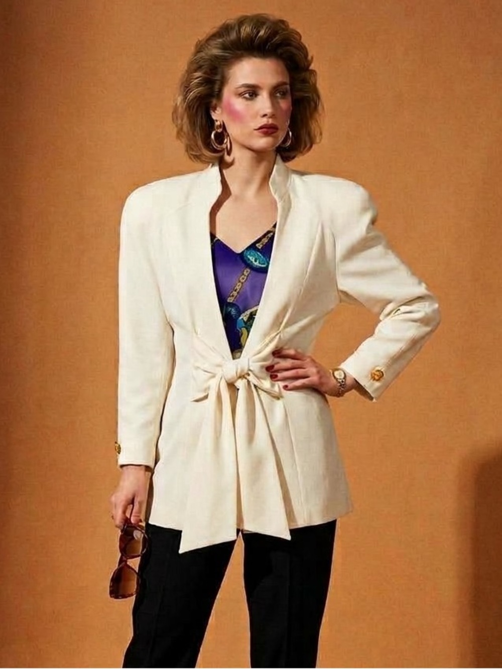 Vintage 1980s Off-White Statement Blazer with Front Tie and Patterned V Neck NWT
